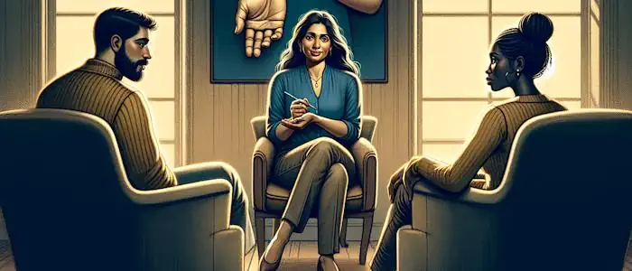 Professionelle Hilfe bei Eifersucht und Vertrauensproblemen: Illustration eines Therapeuten, der einem Paar hilft