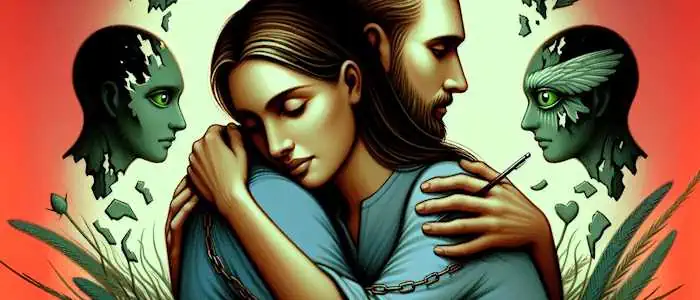 Strategien zur Bewältigung von Eifersucht und Vertrauensproblemen: Illustration von zwei Personen, die sich umarmen und Vertrauen zeigen